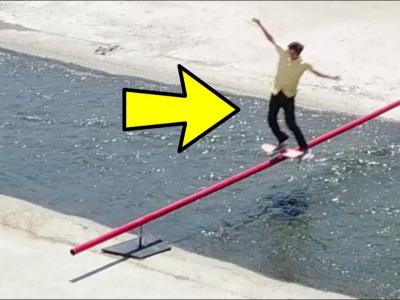 网红Chris chann：在横跨河流的28英尺长杆上做动作！